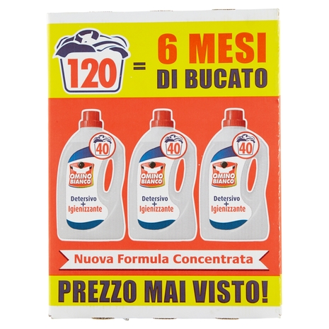 Omino Bianco - Detersivo Lavatrice Igienizzante Liquido, 40 Lavaggi, 3 x 2000 ml